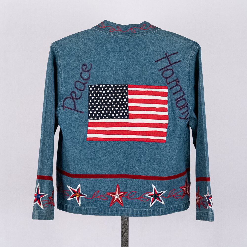 Women's Embroidered Denim Top Jacket Size SMALL Flag Stars Fairy Patriotic Peace